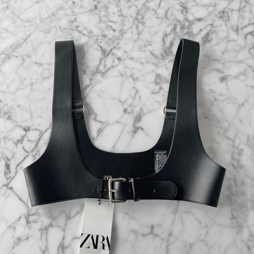 BNWT ZARA Black Faux Leather Buckle Crop Top